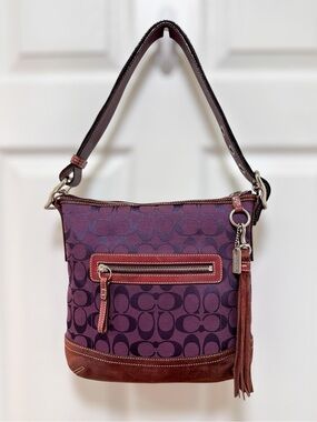 Coach‎ Vintage Signature Jacquard Suede Tassel Slim Duffle Bag Plum Purple 9362